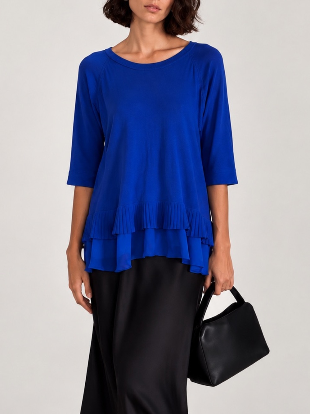 Neiman Marcus Cobalt Blue Layered Chiffon Hem Tunic Top Size L 3/4 Sleeve